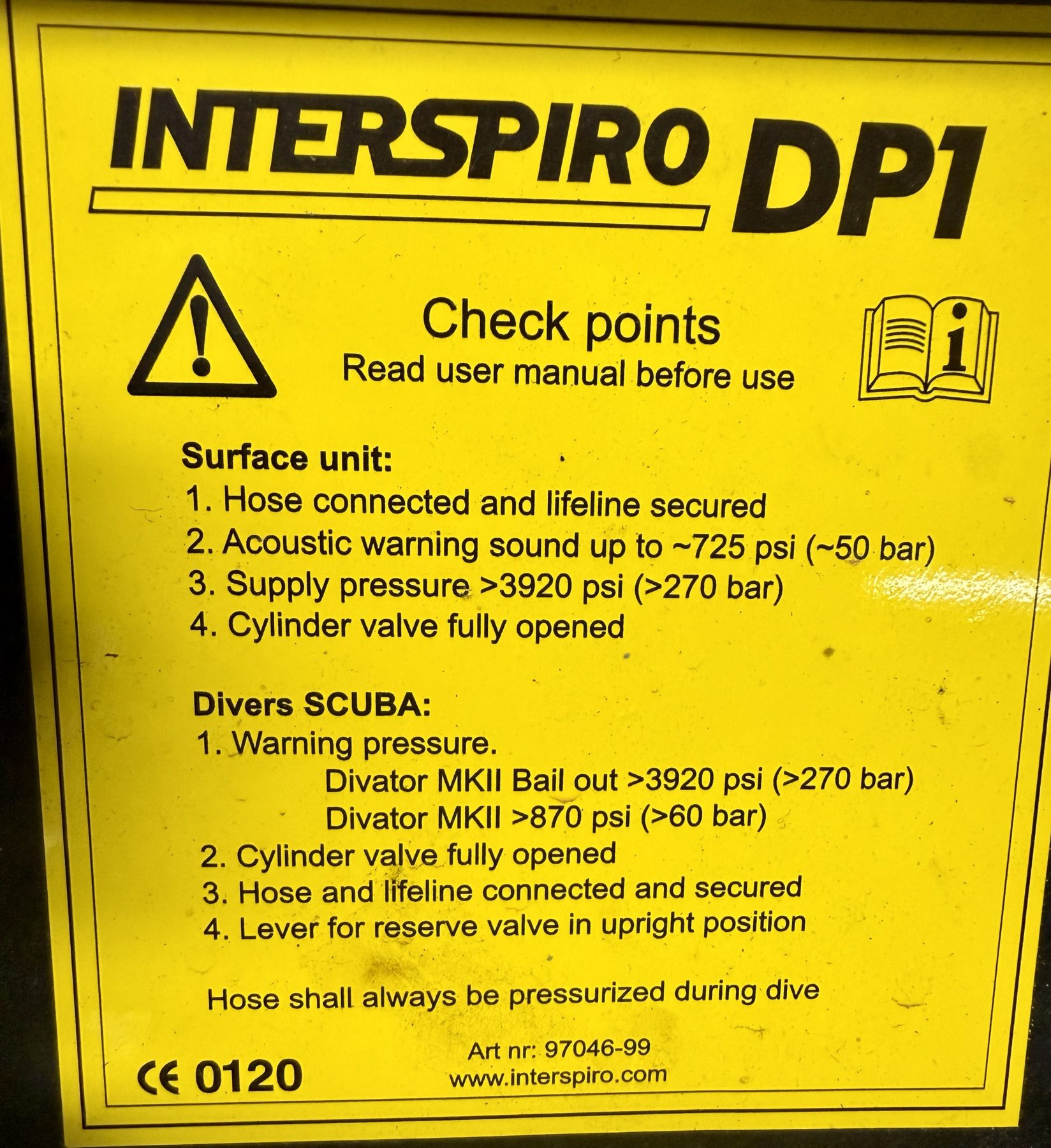 Interspiro DP-1 check points label covering the surface unit and diver SCUBA checks