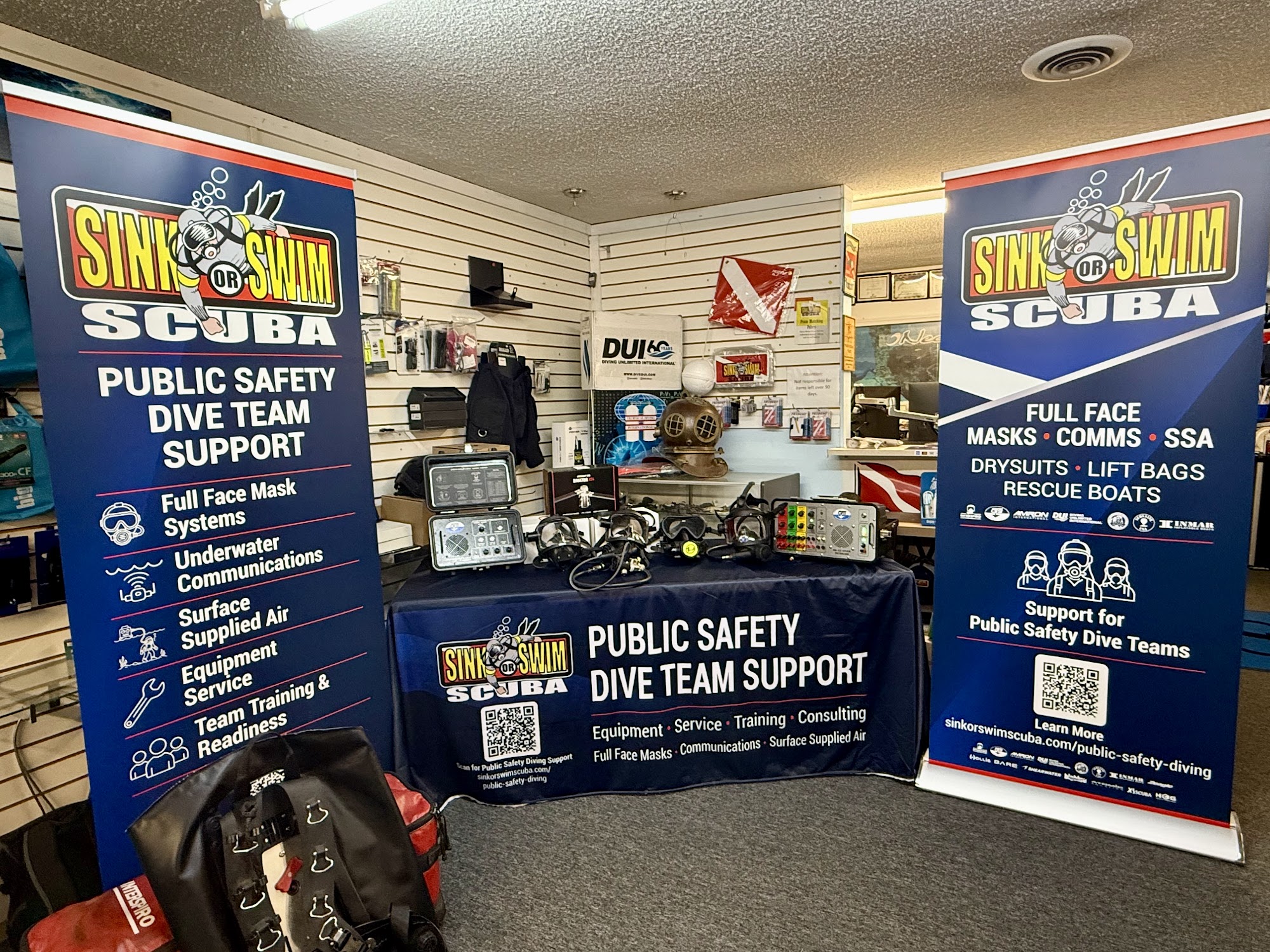 Public safety dive team support, Sink or Swim Scuba, Gastonia NC Public safety dive team support display at Sink or Swim Scuba with full face masks, underwater communications and surface supplied air equipment