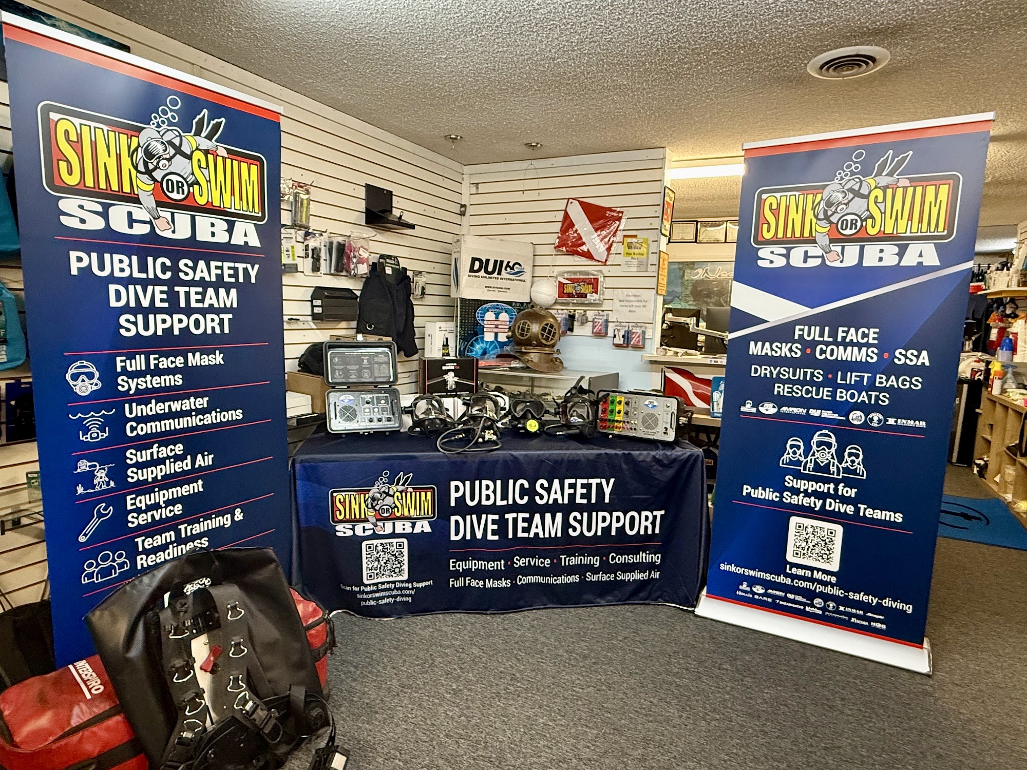 Authorized Interspiro distributor display at Sink or Swim Scuba in Gastonia, NC with full face masks, communications and surface supplied air