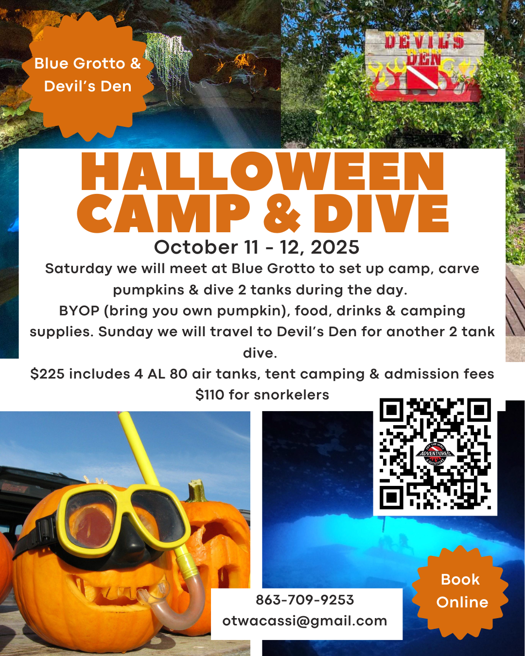 Blue Grotto & Devils Den Halloween Camp & Dive/Snorkel